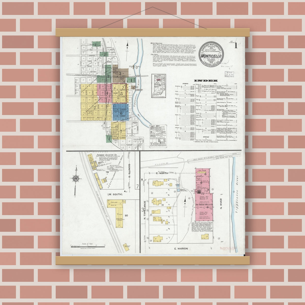 Old map wall art mockup — magnetic wood frame on brick wall — Sanborn Fire Insurance Map from Monticello, White County, Indiana (1919), Sheet #0001