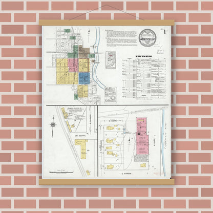 Old map wall art mockup — magnetic wood frame on brick wall — Sanborn Fire Insurance Map from Monticello, White County, Indiana (1919), Sheet #0001