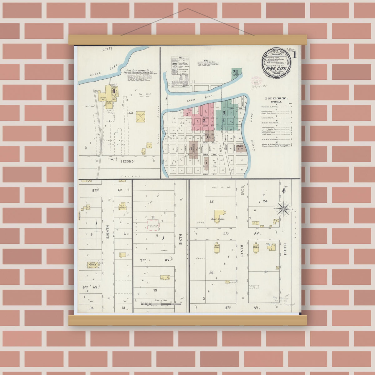Old map wall art mockup — magnetic wood frame on brick wall — Sanborn Fire Insurance Map from Pine City, Pine County, Minnesota (1894), Sheet #0001