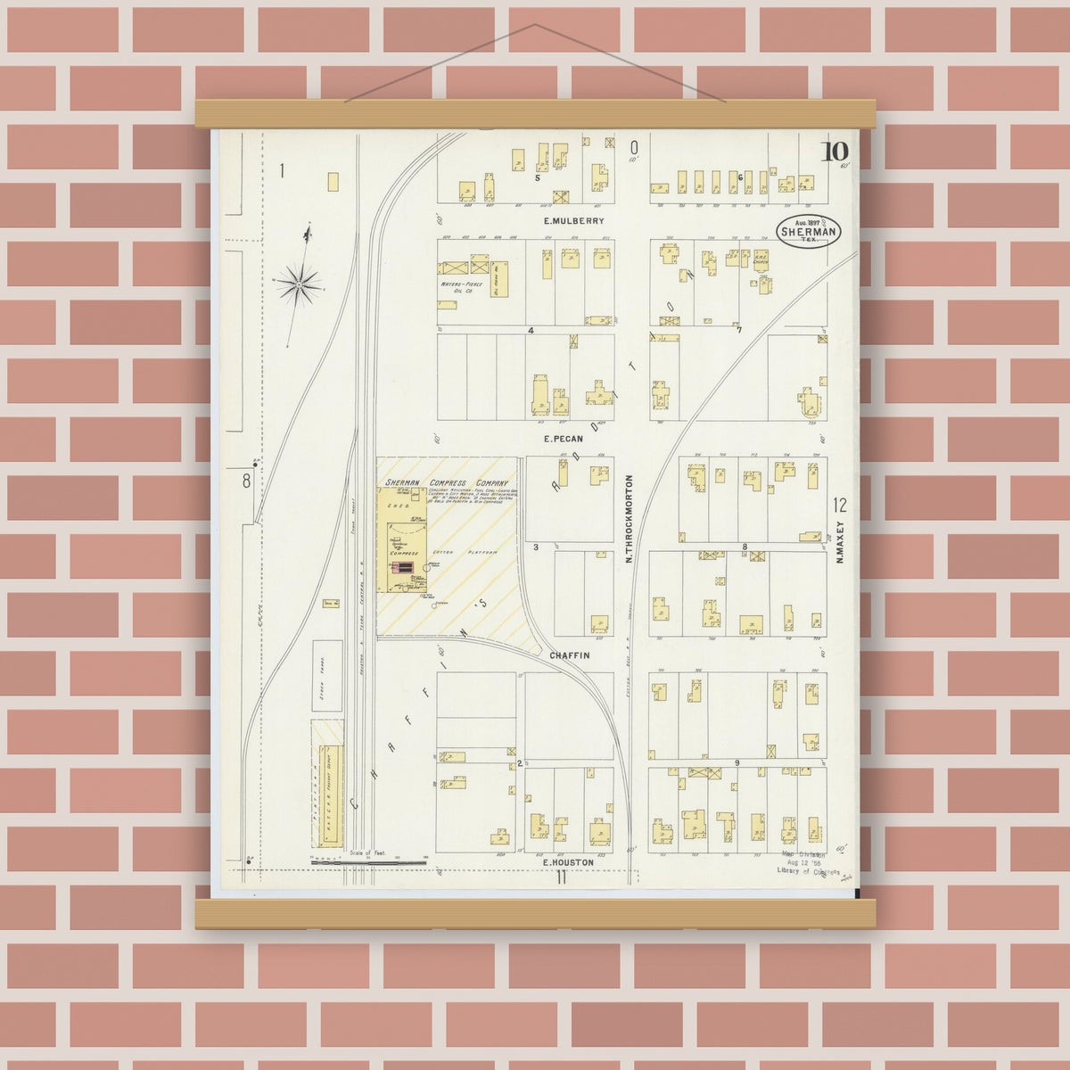Old map wall art mockup — magnetic wood frame on brick wall — Sanborn Fire Insurance Map from Sherman, Grayson County, Texas (1897), Sheet #0010