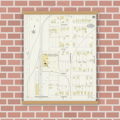 Old map wall art mockup — magnetic wood frame on brick wall — Sanborn Fire Insurance Map from Sherman, Grayson County, Texas (1897), Sheet #0010