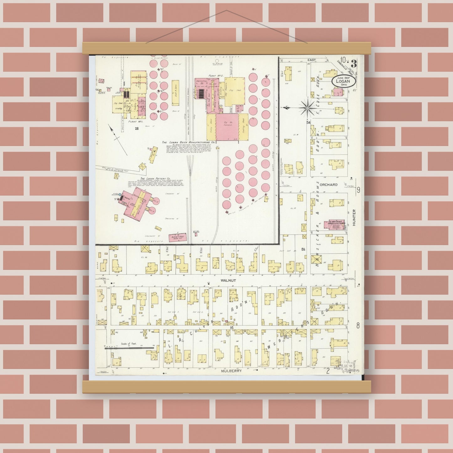 Old map wall art mockup — magnetic wood frame on brick wall — Sanborn Fire Insurance Map from Logan, Hocking County, Ohio (1907), Sheet #0003