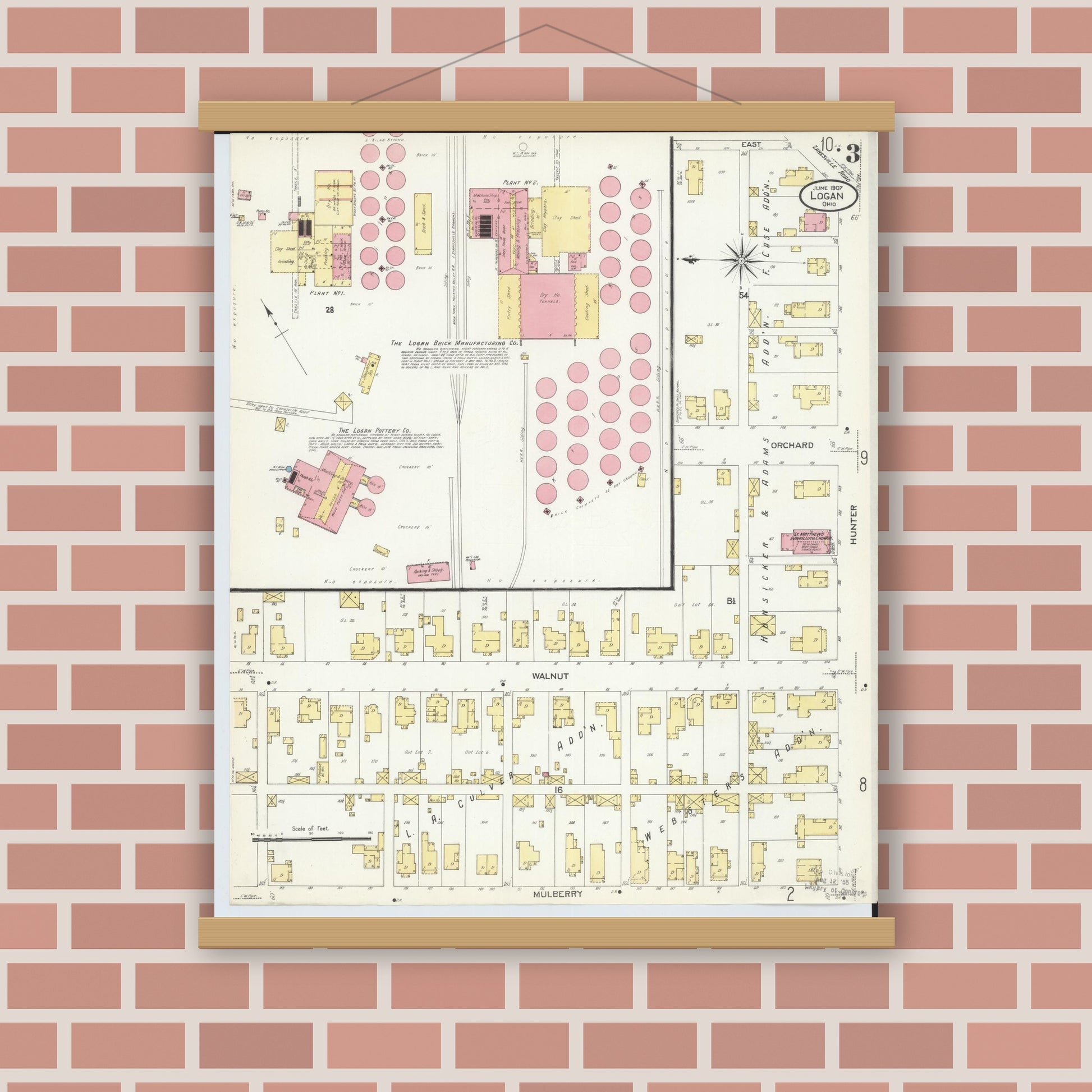 Old map wall art mockup — magnetic wood frame on brick wall — Sanborn Fire Insurance Map from Logan, Hocking County, Ohio (1907), Sheet #0003