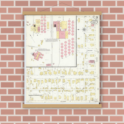 Old map wall art mockup — magnetic wood frame on brick wall — Sanborn Fire Insurance Map from Logan, Hocking County, Ohio (1907), Sheet #0003