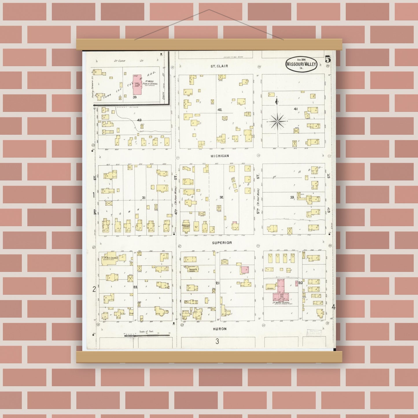 Old map wall art mockup — magnetic wood frame on brick wall — Sanborn Fire Insurance Map from Missouri Valley, Harrison County, Iowa (1896), Sheet #0005