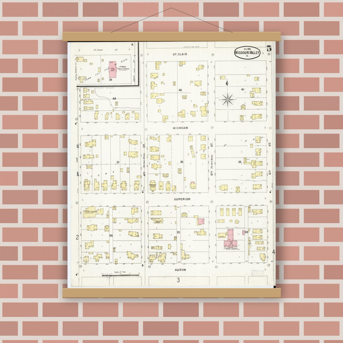 Old map wall art mockup — magnetic wood frame on brick wall — Sanborn Fire Insurance Map from Missouri Valley, Harrison County, Iowa (1896), Sheet #0005
