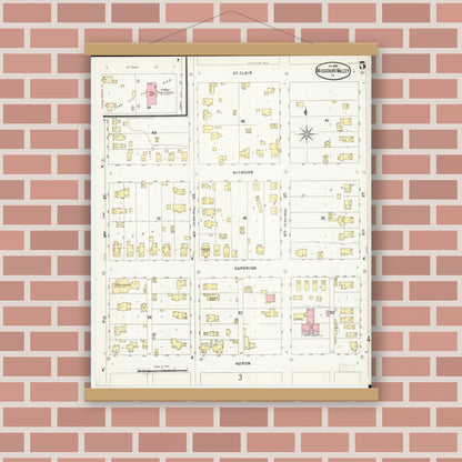 Old map wall art mockup — magnetic wood frame on brick wall — Sanborn Fire Insurance Map from Missouri Valley, Harrison County, Iowa (1896), Sheet #0005