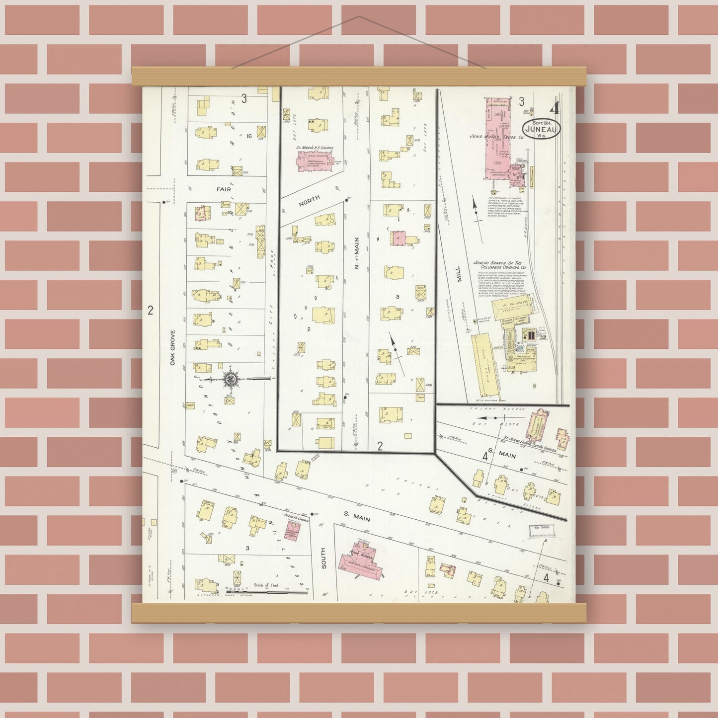 Old map wall art mockup — magnetic wood frame on brick wall — Sanborn Fire Insurance Map from Juneau, Dodge County, Wisconsin (1914), Sheet #0004
