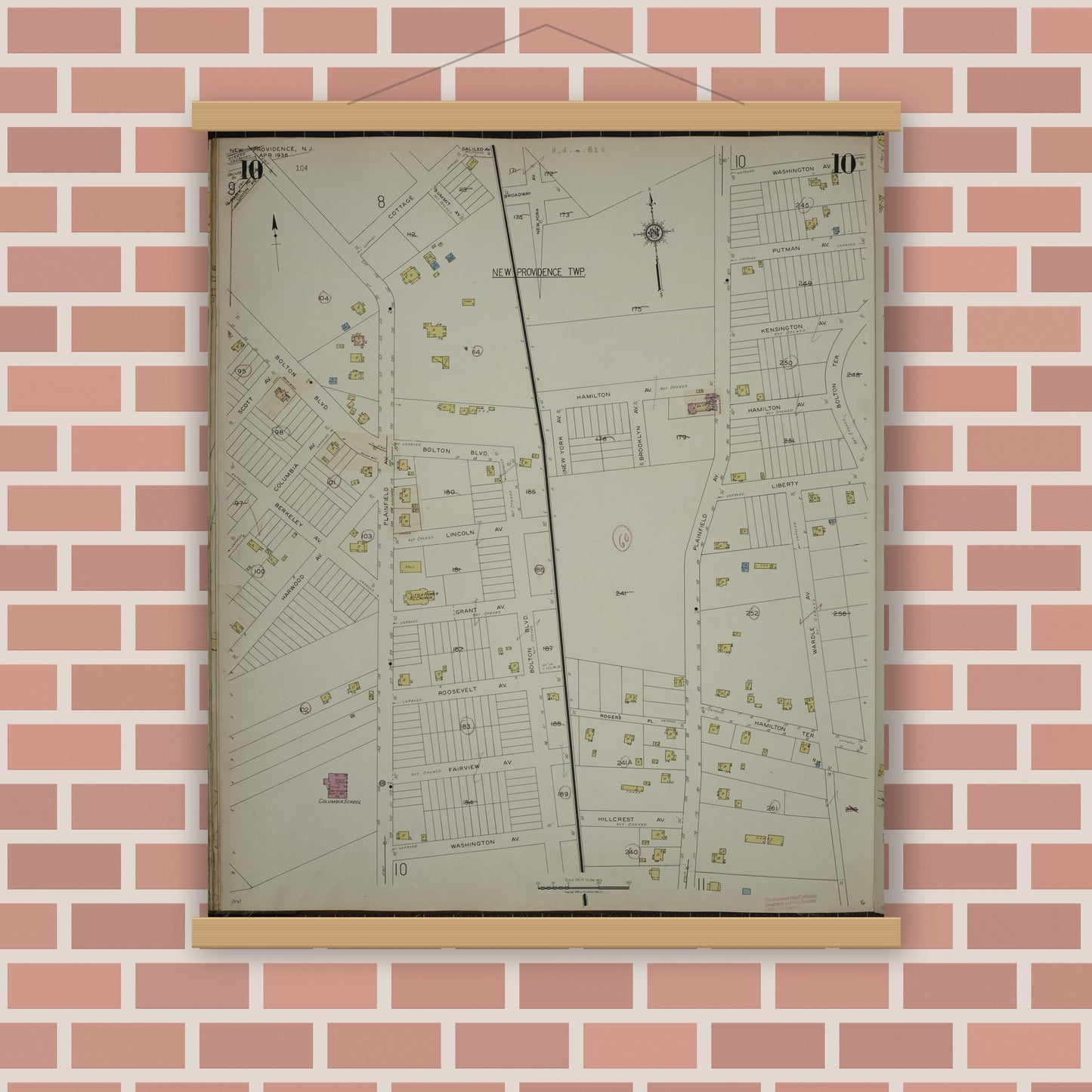 Old map wall art mockup — magnetic wood frame on brick wall — Sanborn Fire Insurance Map from New Providence, Union County, New Jersey (1944), Sheet #0010