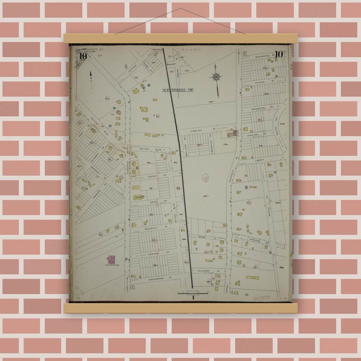 Old map wall art mockup — magnetic wood frame on brick wall — Sanborn Fire Insurance Map from New Providence, Union County, New Jersey (1944), Sheet #0010