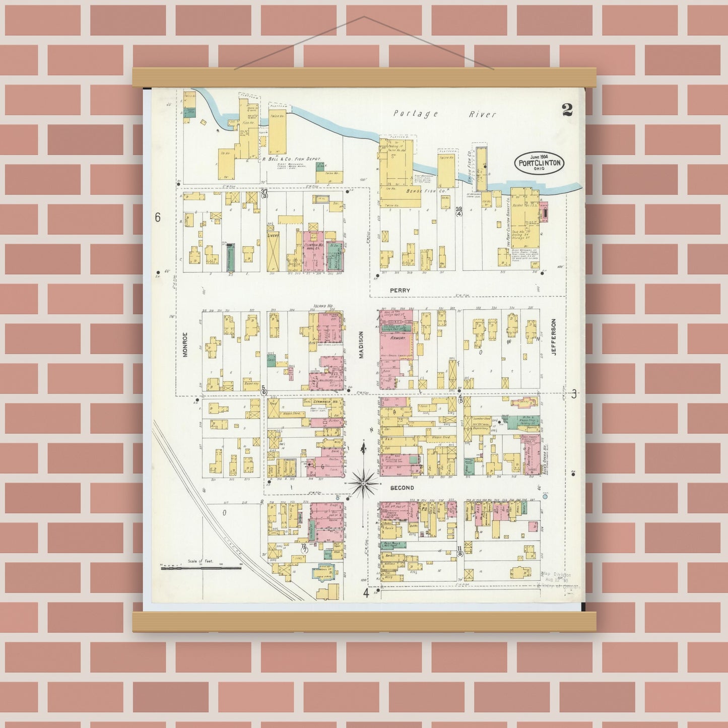 Old map wall art mockup — magnetic wood frame on brick wall — Sanborn Fire Insurance Map from Port Clinton, Ottawa County, Ohio (1904), Sheet #0002