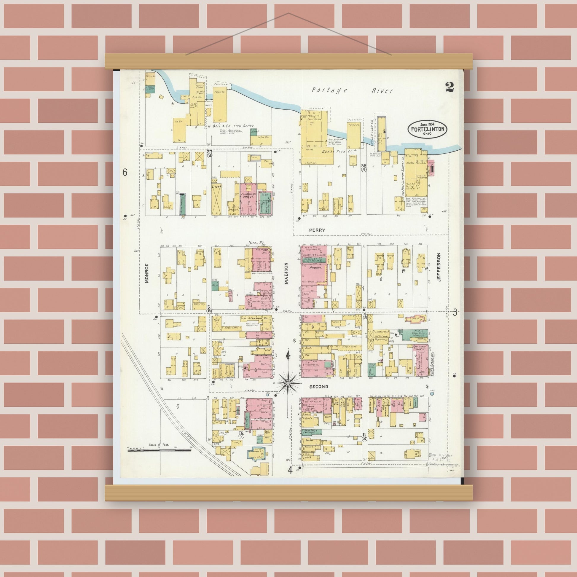 Old map wall art mockup — magnetic wood frame on brick wall — Sanborn Fire Insurance Map from Port Clinton, Ottawa County, Ohio (1904), Sheet #0002