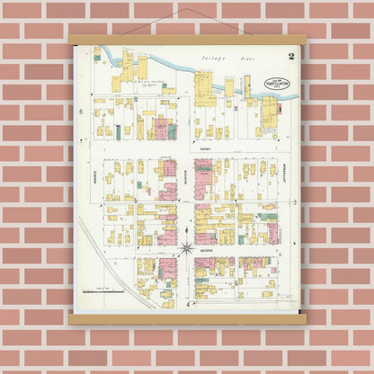Old map wall art mockup — magnetic wood frame on brick wall — Sanborn Fire Insurance Map from Port Clinton, Ottawa County, Ohio (1904), Sheet #0002