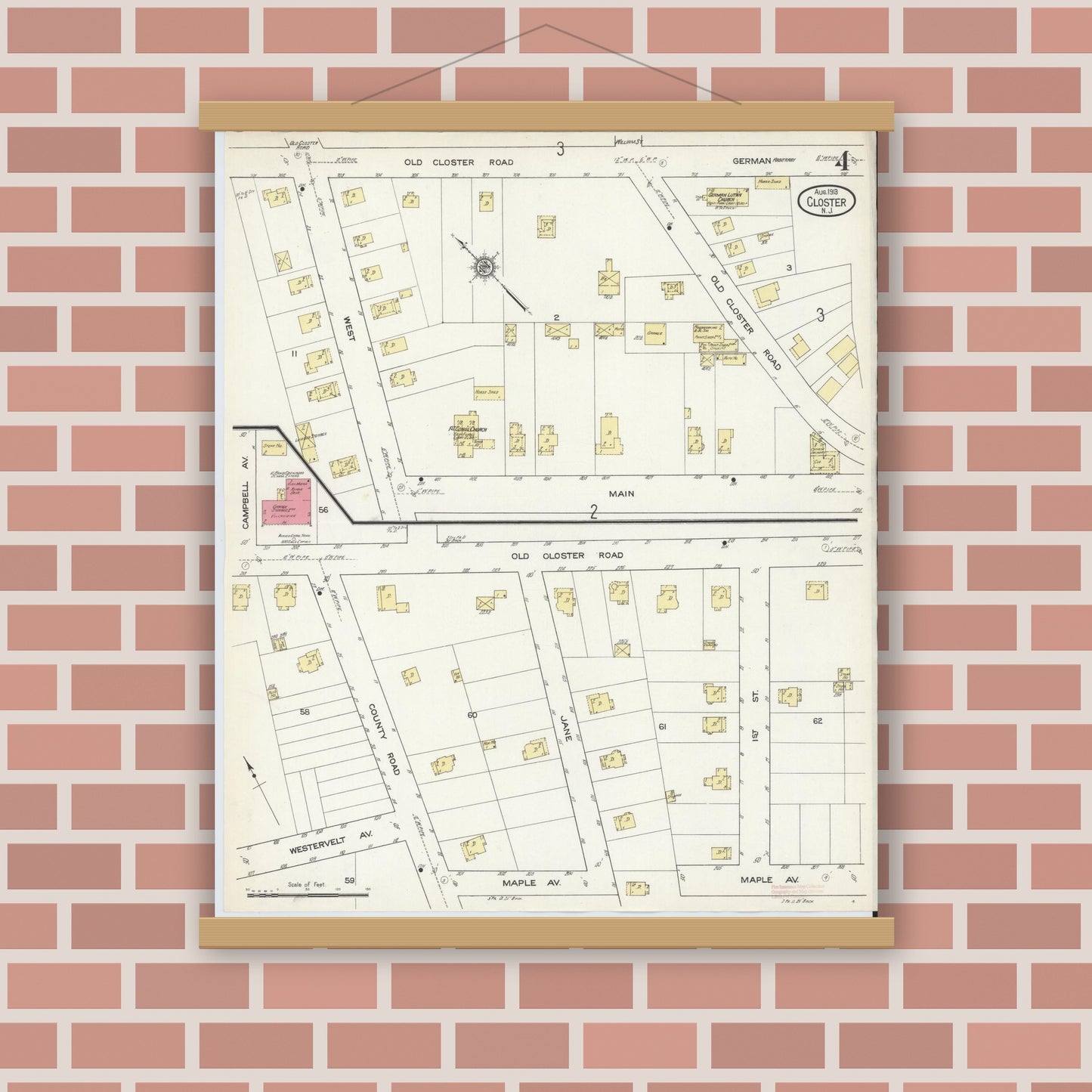 Old map wall art mockup — magnetic wood frame on brick wall — Sanborn Fire Insurance Map from Closter, Bergen County, New Jersey (1913), Sheet #0004