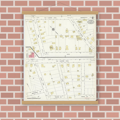 Old map wall art mockup — magnetic wood frame on brick wall — Sanborn Fire Insurance Map from Closter, Bergen County, New Jersey (1913), Sheet #0004