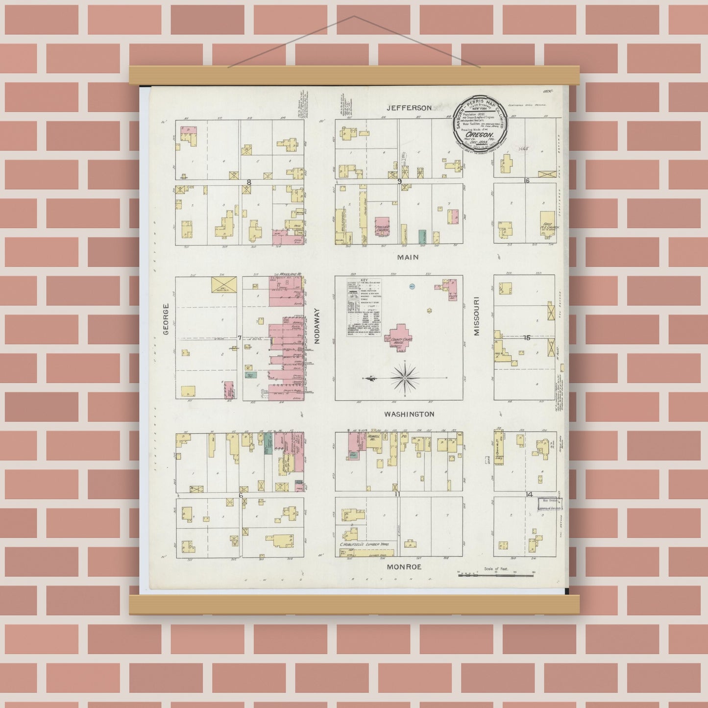 Old map wall art mockup — magnetic wood frame on brick wall — Sanborn Fire Insurance Map from Oregon, Holt County, Missouri (1893), Sheet #0001