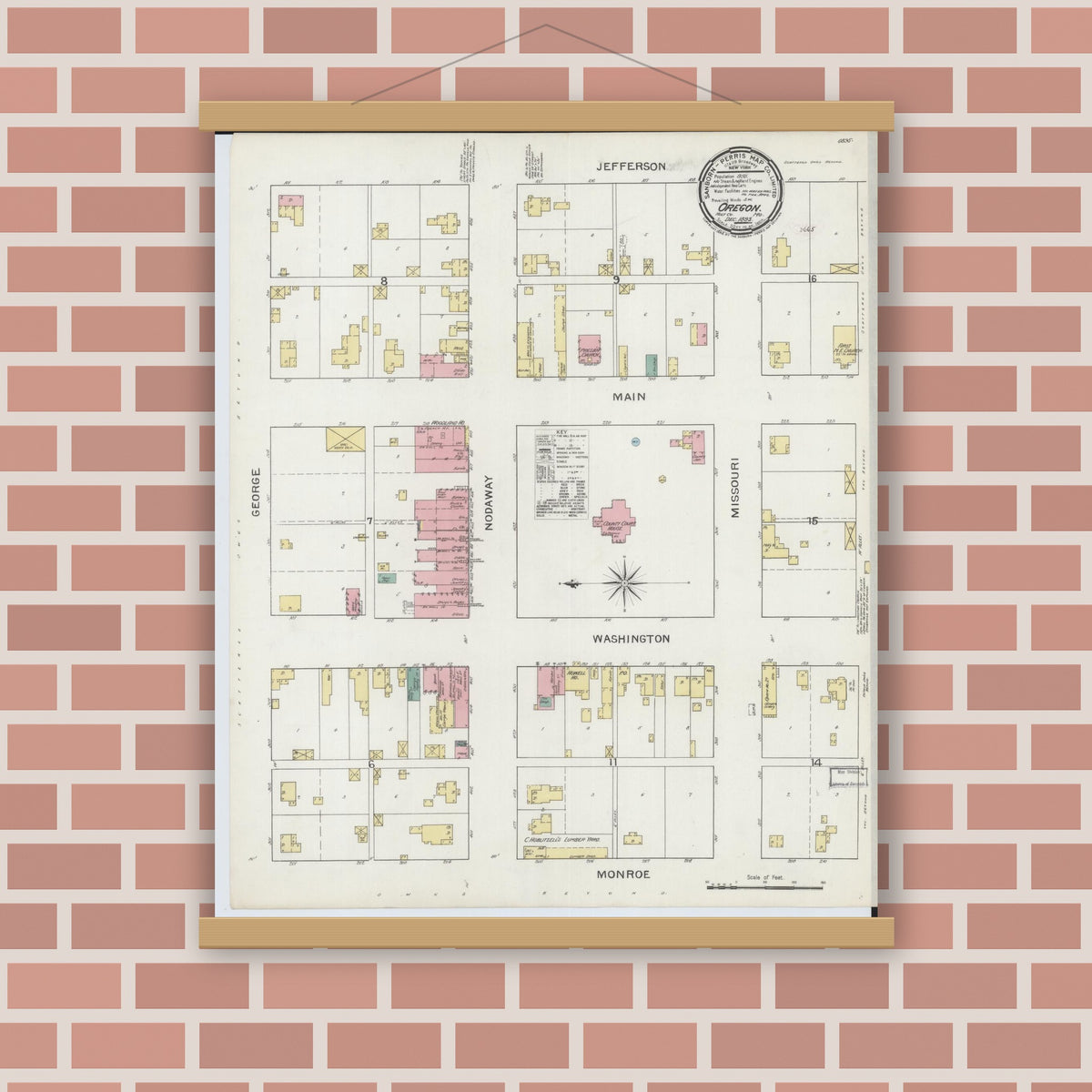 Old map wall art mockup — magnetic wood frame on brick wall — Sanborn Fire Insurance Map from Oregon, Holt County, Missouri (1893), Sheet #0001