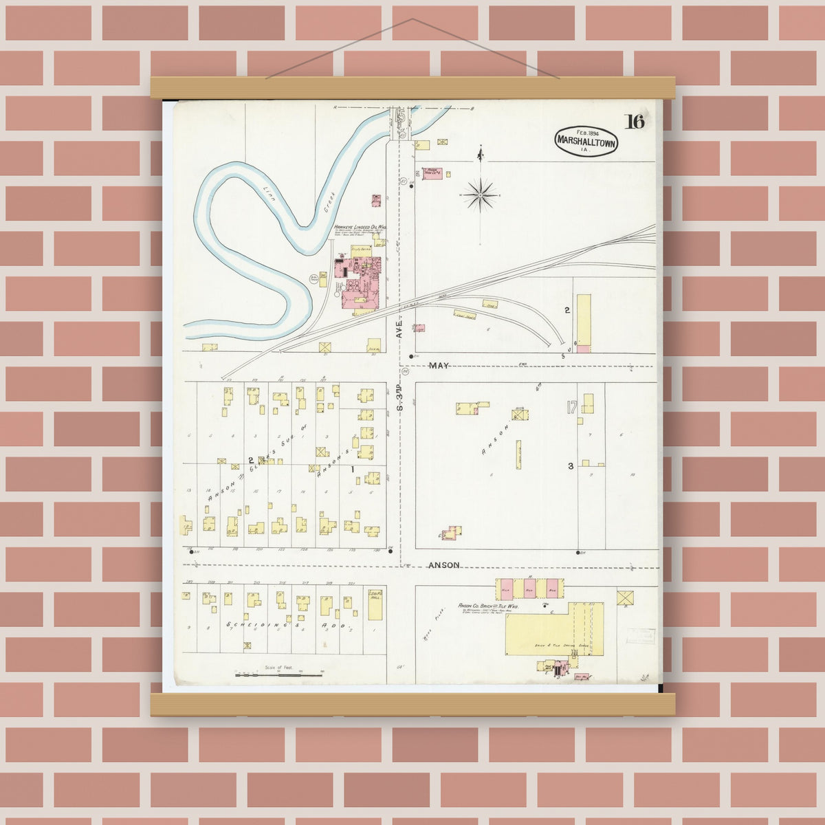 Old map wall art mockup — magnetic wood frame on brick wall — Sanborn Fire Insurance Map from Marshalltown, Marshall County, Iowa (1894), Sheet #0016
