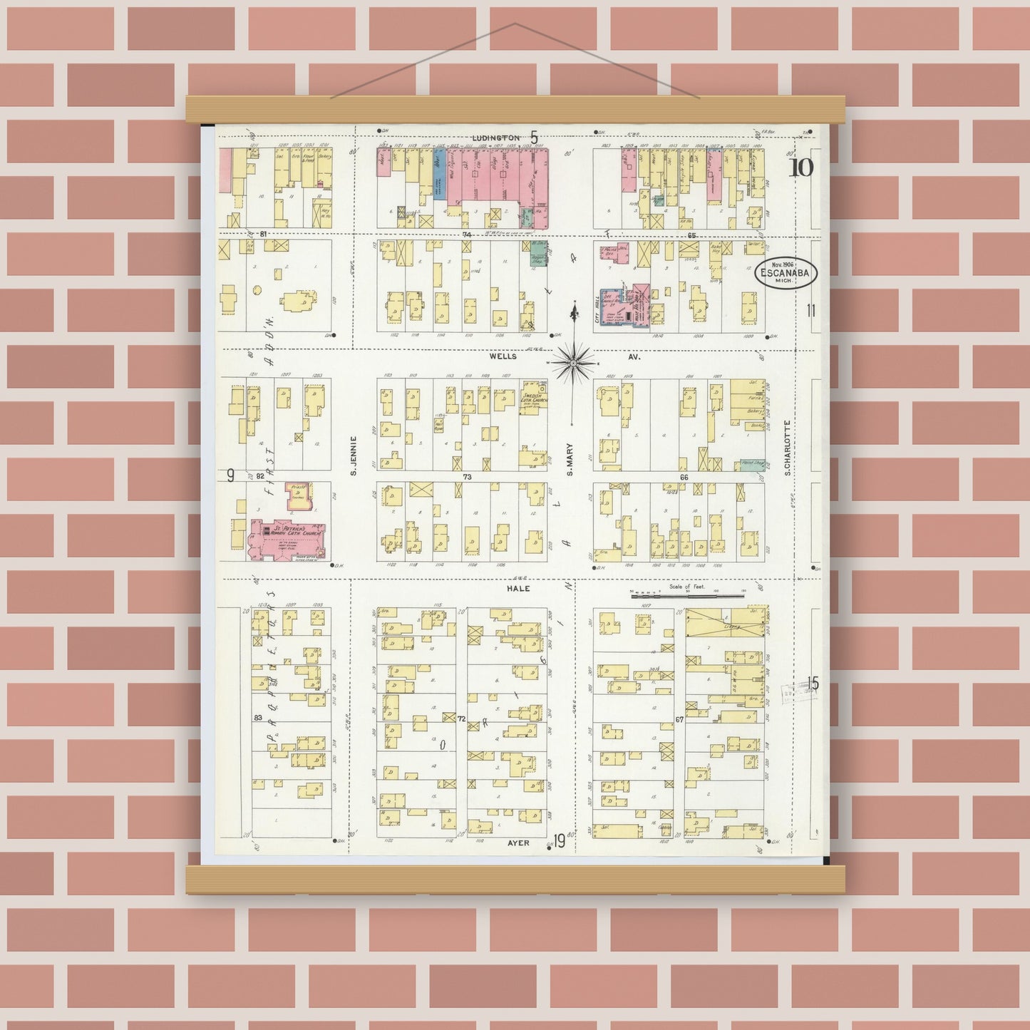 Old map wall art mockup — magnetic wood frame on brick wall — Sanborn Fire Insurance Map from Escanaba, Delta County, Michigan (1906), Sheet #0010
