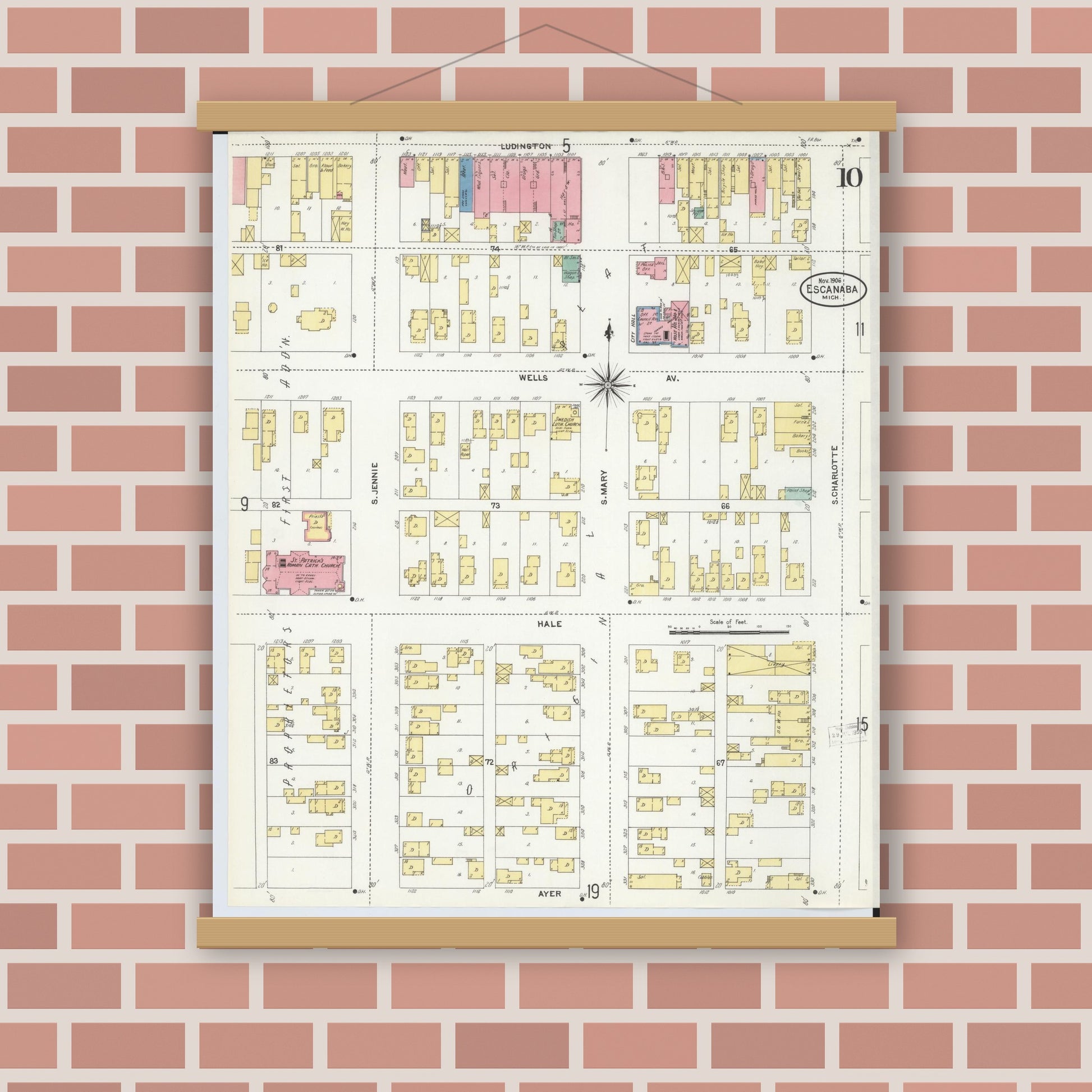 Old map wall art mockup — magnetic wood frame on brick wall — Sanborn Fire Insurance Map from Escanaba, Delta County, Michigan (1906), Sheet #0010