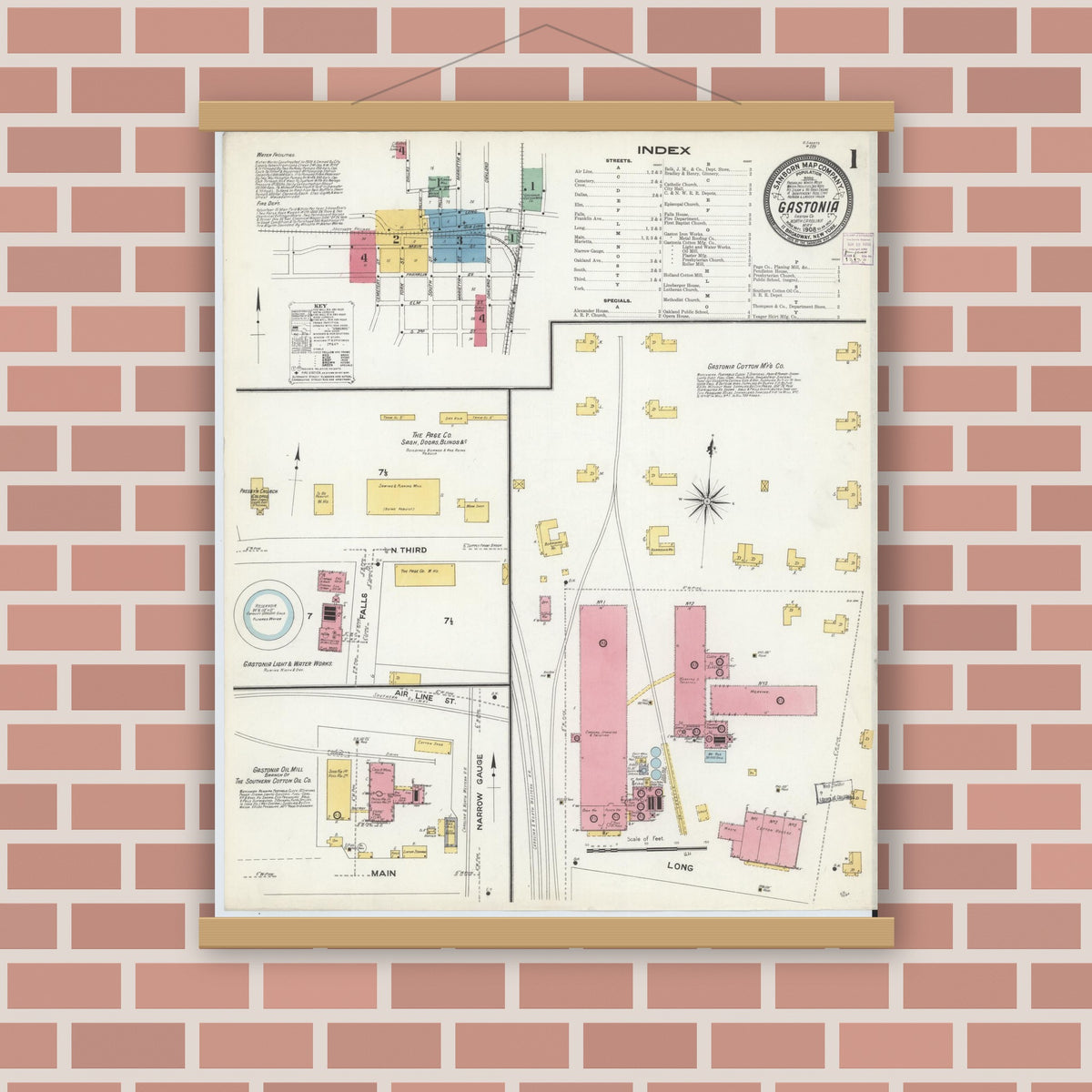 Old map wall art mockup — magnetic wood frame on brick wall — Sanborn Fire Insurance Map from Gastonia, Gaston County, North Carolina (1908), Sheet #0001