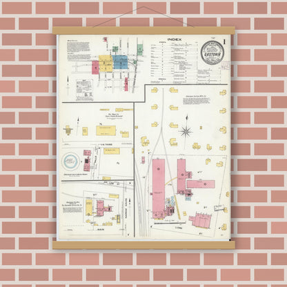Old map wall art mockup — magnetic wood frame on brick wall — Sanborn Fire Insurance Map from Gastonia, Gaston County, North Carolina (1908), Sheet #0001