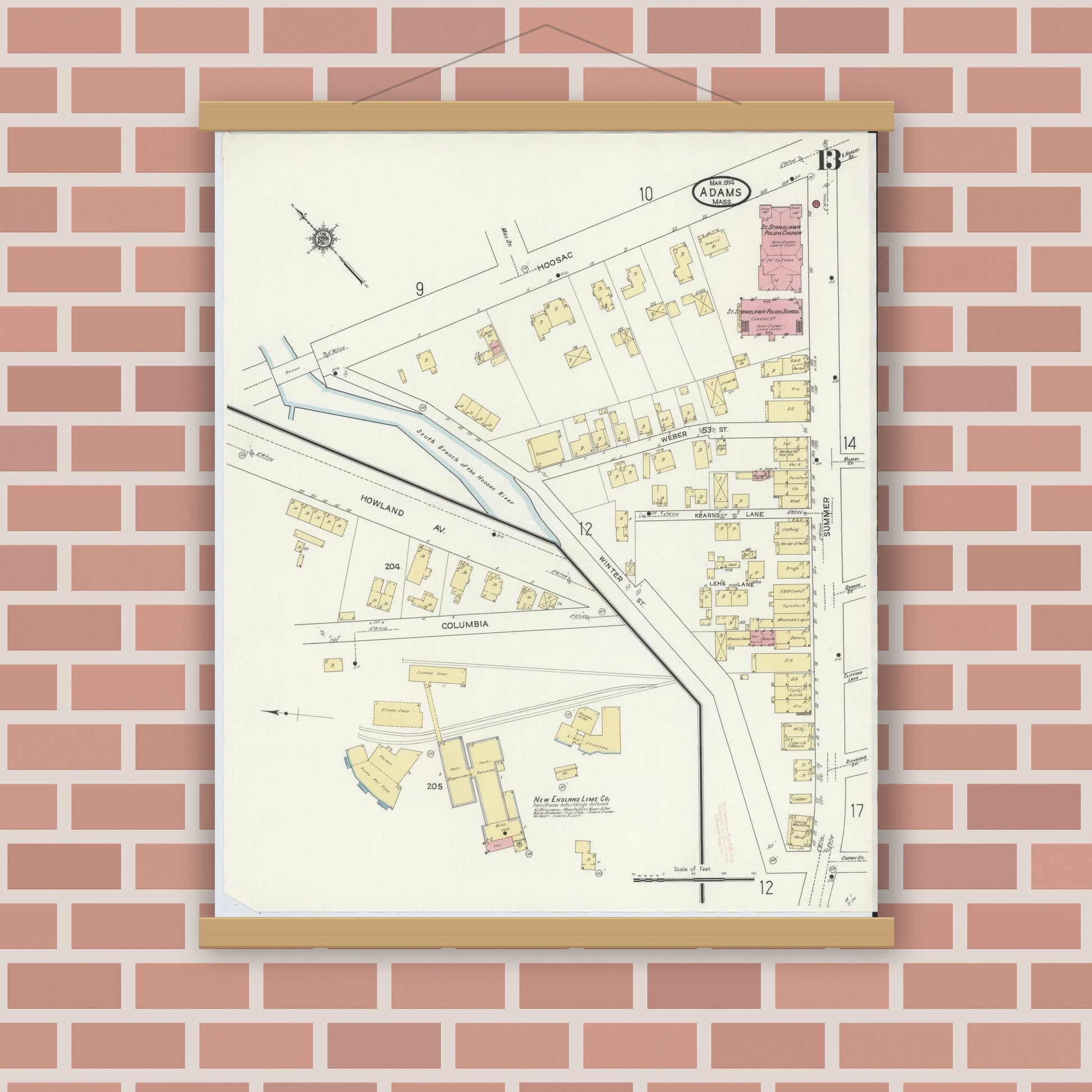 Old map wall art mockup — magnetic wood frame on brick wall — Sanborn Fire Insurance Map from Adams, Berkshire County, Massachusetts (1914), Sheet #0013