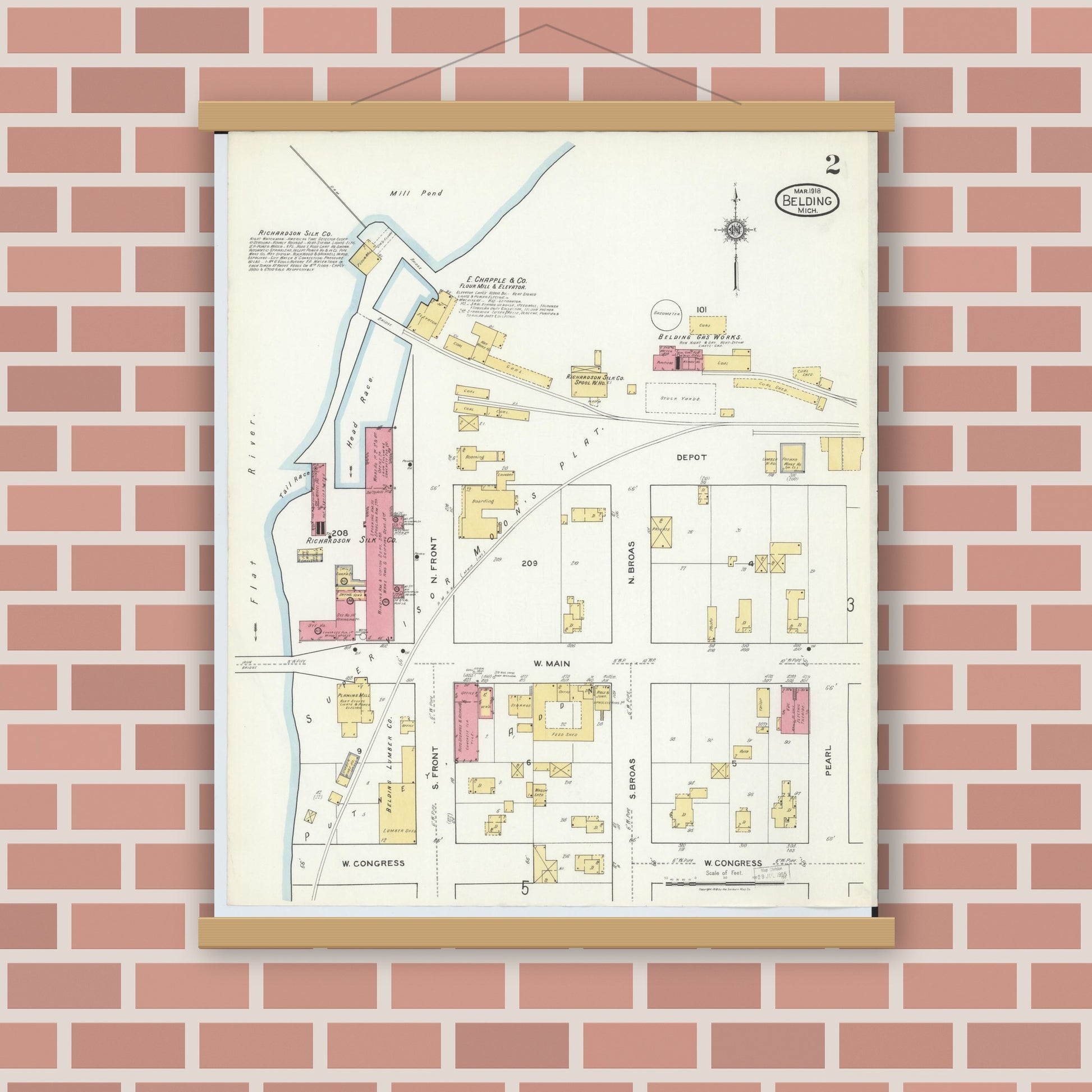 Old map wall art mockup — magnetic wood frame on brick wall — Sanborn Fire Insurance Map from Belding, Ionia County, Michigan (1918), Sheet #0002