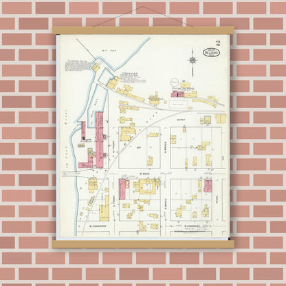 Old map wall art mockup — magnetic wood frame on brick wall — Sanborn Fire Insurance Map from Belding, Ionia County, Michigan (1918), Sheet #0002