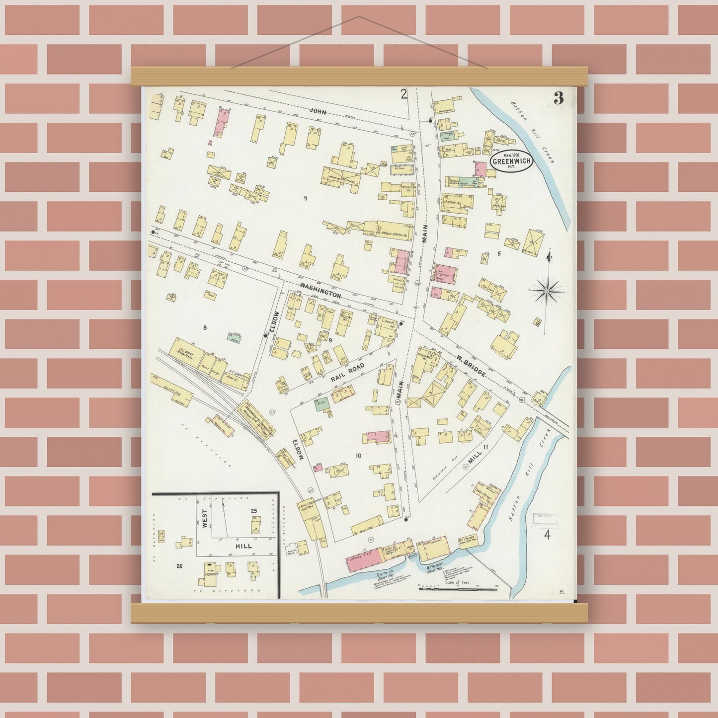 Old map wall art mockup — magnetic wood frame on brick wall — Sanborn Fire Insurance Map from Greenwich, Washington County, New York (1898), Sheet #0003