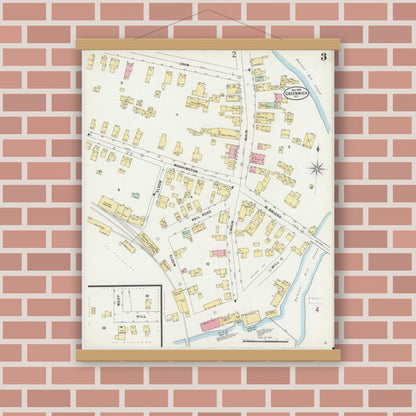 Old map wall art mockup — magnetic wood frame on brick wall — Sanborn Fire Insurance Map from Greenwich, Washington County, New York (1898), Sheet #0003