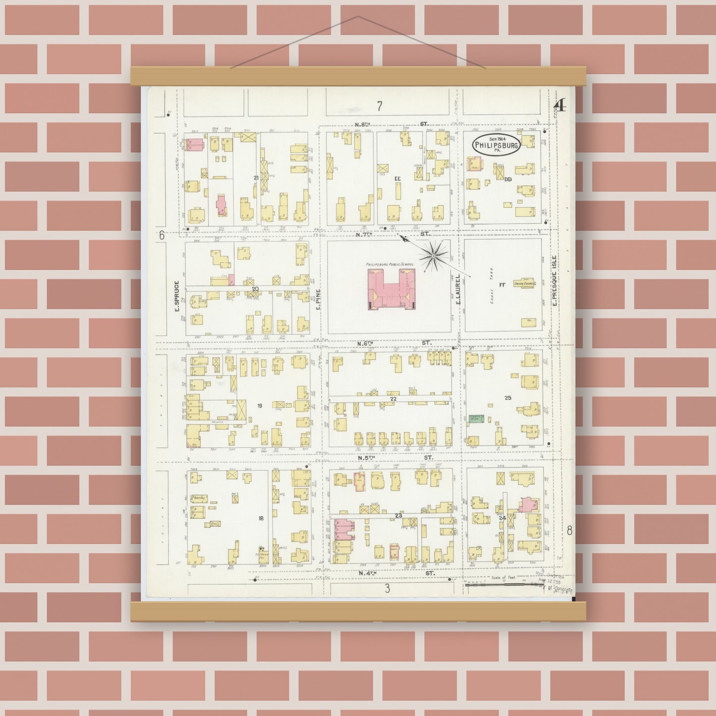 Old map wall art mockup — magnetic wood frame on brick wall — Sanborn Fire Insurance Map from Philipsburg, Centre County, Pennsylvania (1904), Sheet #0004