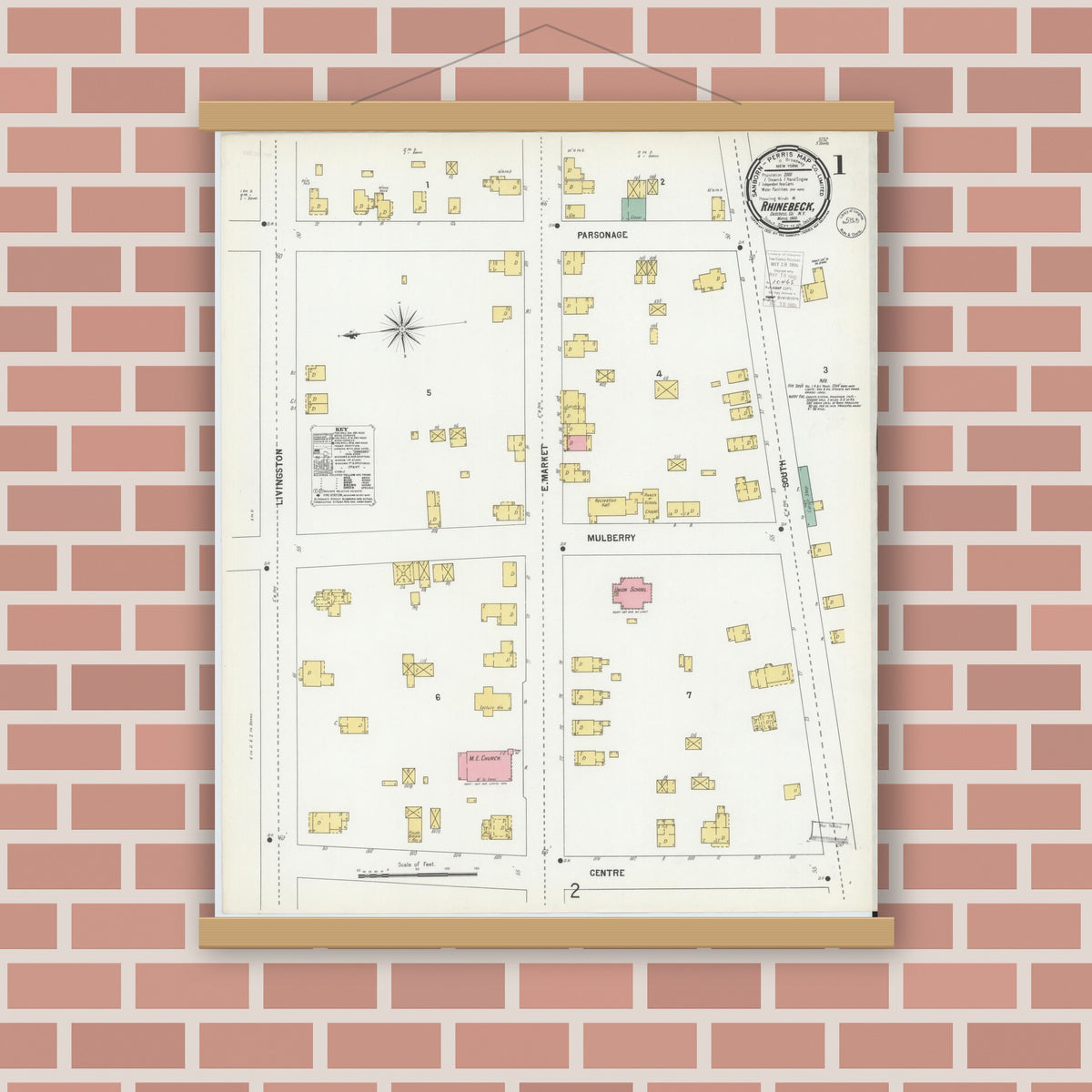 Old map wall art mockup — magnetic wood frame on brick wall — Sanborn Fire Insurance Map from Rhinebeck, Dutchess County, New York (1900) - Complete Map Set