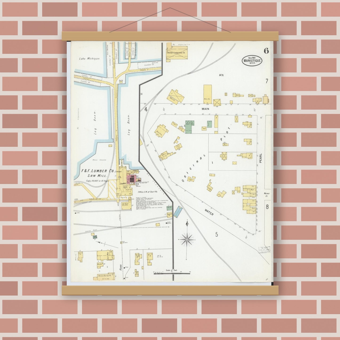Old map wall art mockup — magnetic wood frame on brick wall — Sanborn Fire Insurance Map from Manistique, Schoolcraft County, Michigan (1900), Sheet #0006