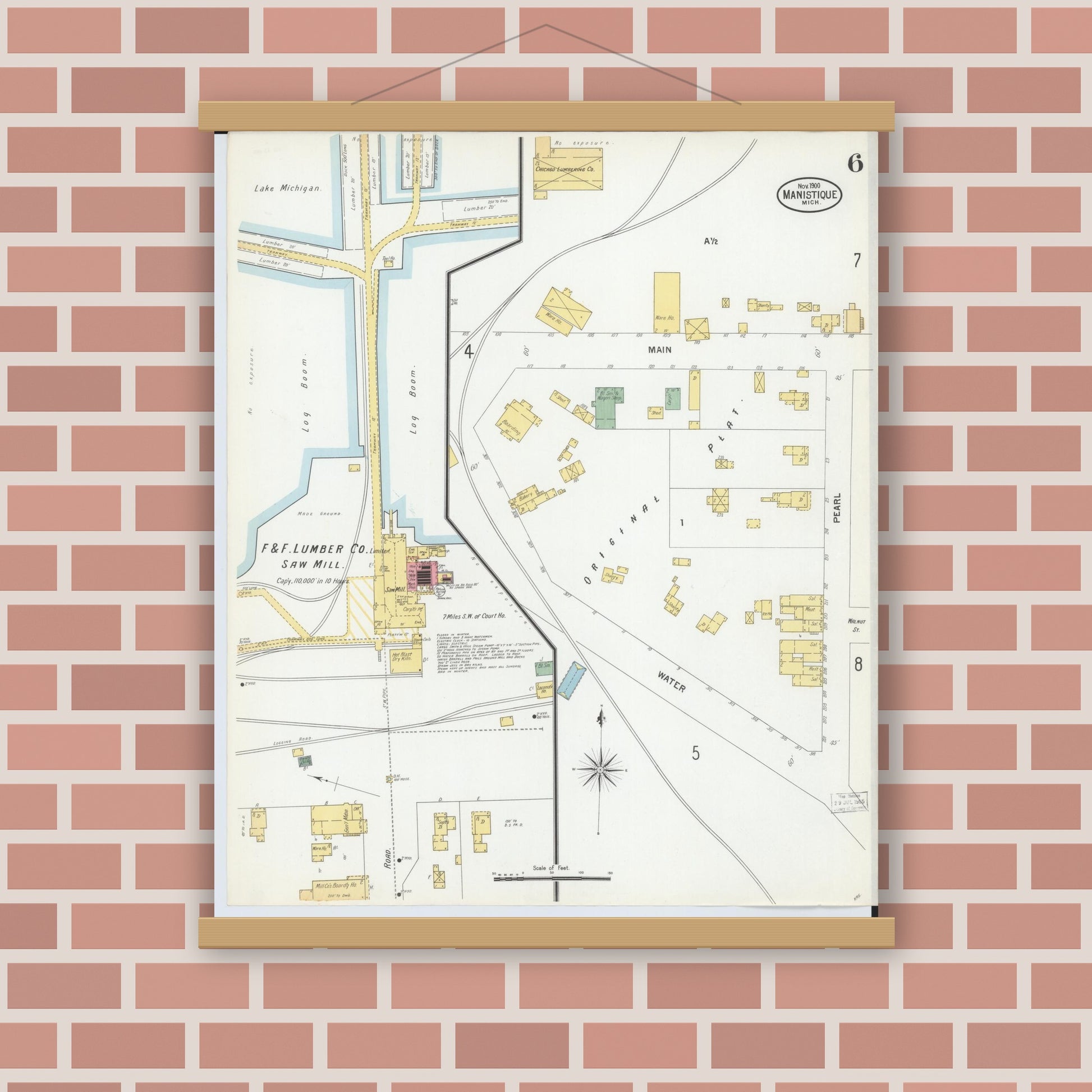 Old map wall art mockup — magnetic wood frame on brick wall — Sanborn Fire Insurance Map from Manistique, Schoolcraft County, Michigan (1900), Sheet #0006