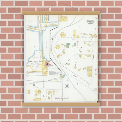 Old map wall art mockup — magnetic wood frame on brick wall — Sanborn Fire Insurance Map from Manistique, Schoolcraft County, Michigan (1900), Sheet #0006