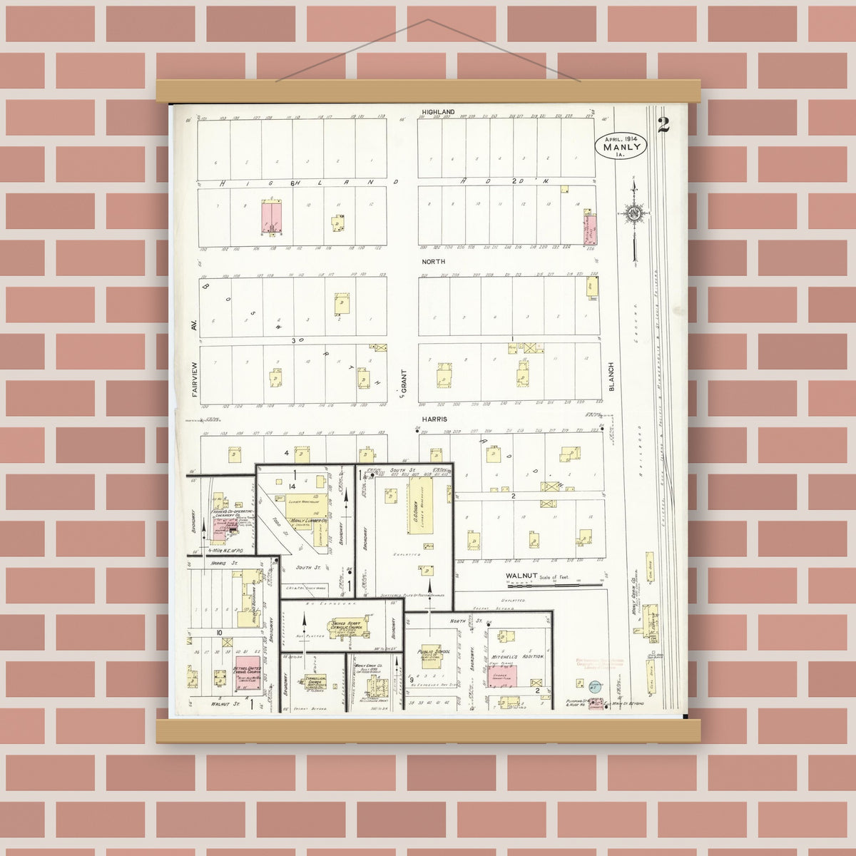 Old map wall art mockup — magnetic wood frame on brick wall — Sanborn Fire Insurance Map from Manly, Worth County, Iowa (1914), Sheet #0002