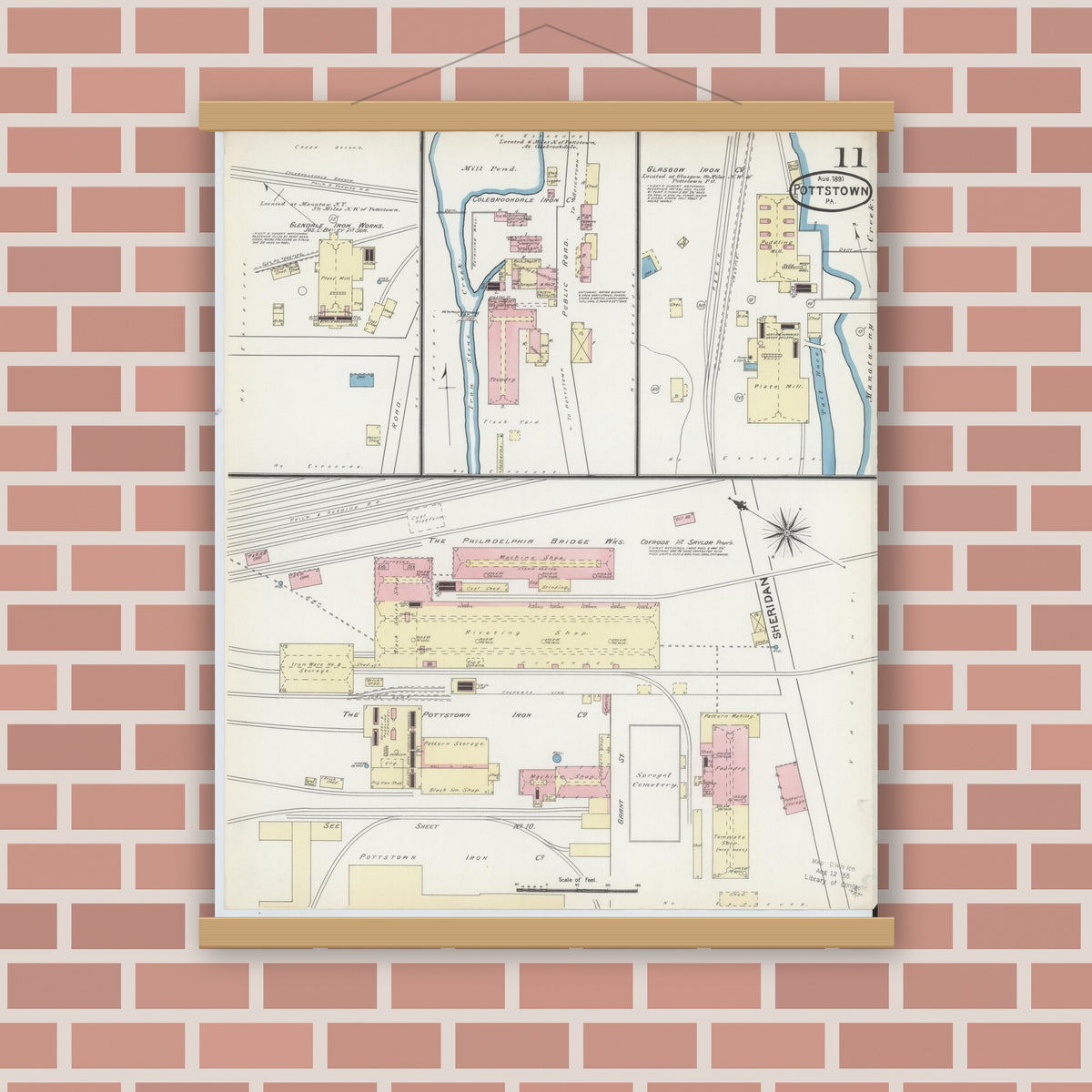 Old map wall art mockup — magnetic wood frame on brick wall — Sanborn Fire Insurance Map from Pottstown, Montgomery County, Pennsylvania (1891), Sheet #0011