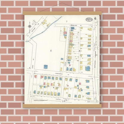 Old map wall art mockup — magnetic wood frame on brick wall — Sanborn Fire Insurance Map from Ambler, Montgomery County, Pennsylvania (1921), Sheet #0006