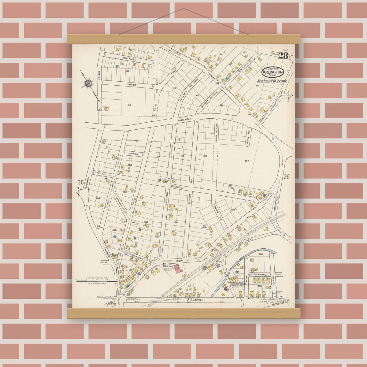 Old map wall art mockup — magnetic wood frame on brick wall — Sanborn Fire Insurance Map from Arlington, Middlesex County, Massachusetts (1922), Sheet #0028