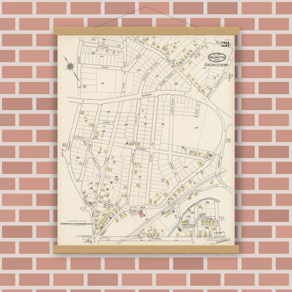 Old map wall art mockup — magnetic wood frame on brick wall — Sanborn Fire Insurance Map from Arlington, Middlesex County, Massachusetts (1922), Sheet #0028
