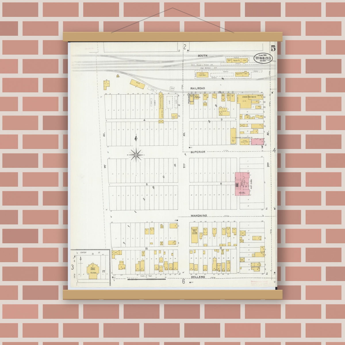 Old map wall art mockup — magnetic wood frame on brick wall — Sanborn Fire Insurance Map from Hibbing, Saint Louis County, Minnesota (1904), Sheet #0005