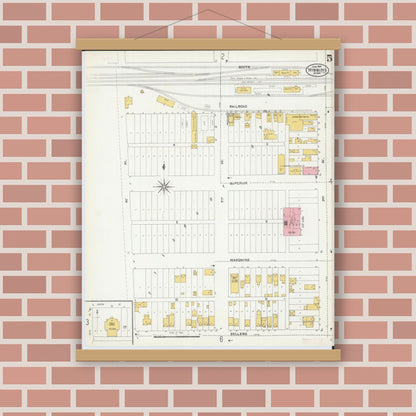 Old map wall art mockup — magnetic wood frame on brick wall — Sanborn Fire Insurance Map from Hibbing, Saint Louis County, Minnesota (1904), Sheet #0005