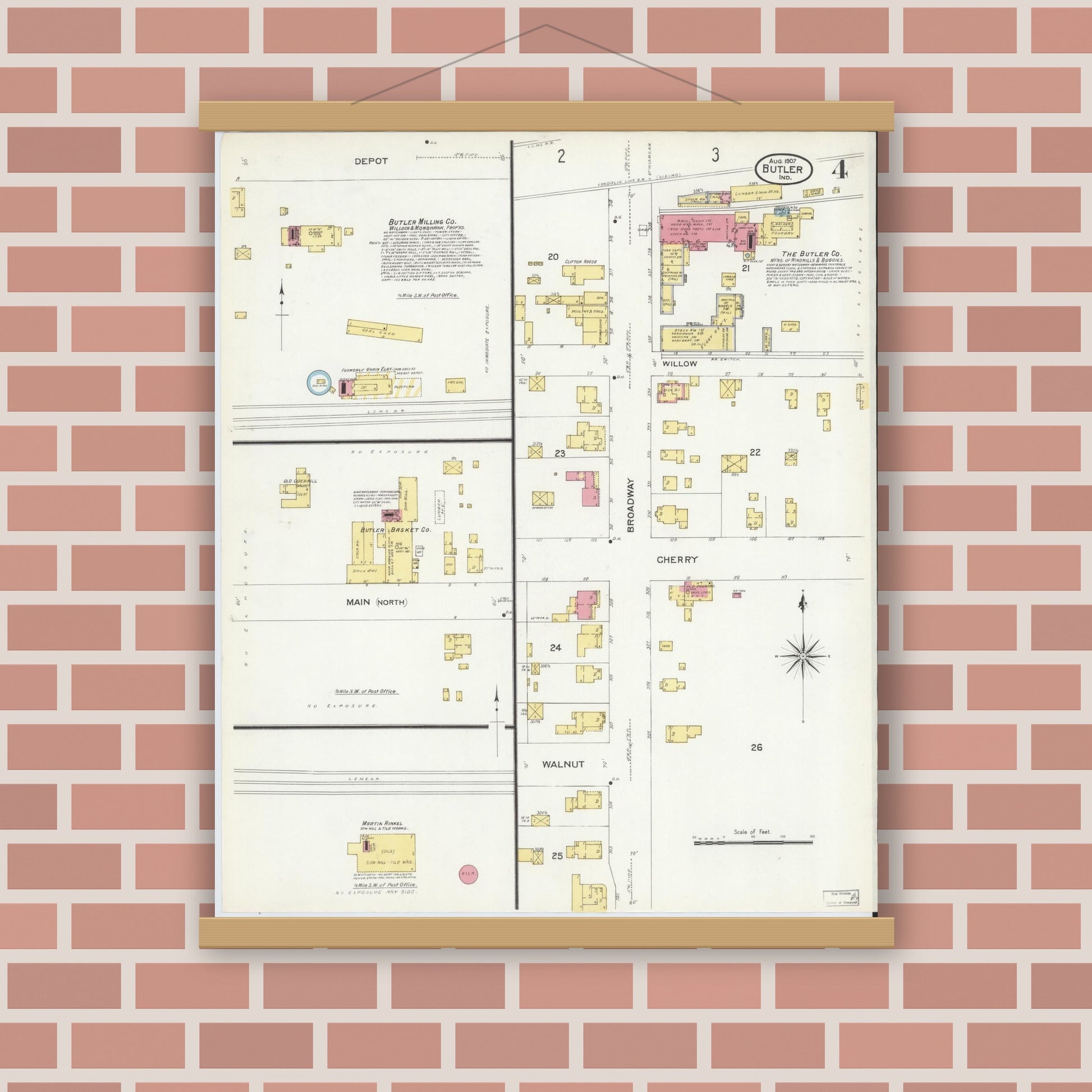 Old map wall art mockup — magnetic wood frame on brick wall — Sanborn Fire Insurance Map from Butler, De Kalb County, Indiana (1907), Sheet #0004