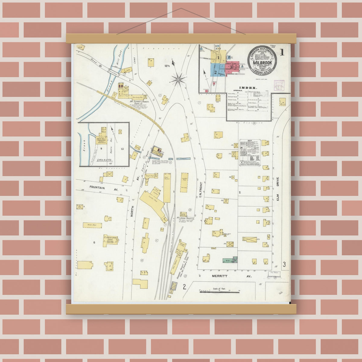 Old map wall art mockup — magnetic wood frame on brick wall — Sanborn Fire Insurance Map from Millbrook, Dutchess County, New York (1905), Sheet #0001