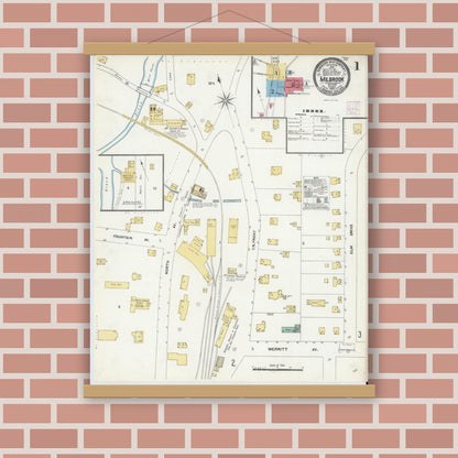 Old map wall art mockup — magnetic wood frame on brick wall — Sanborn Fire Insurance Map from Millbrook, Dutchess County, New York (1905), Sheet #0001