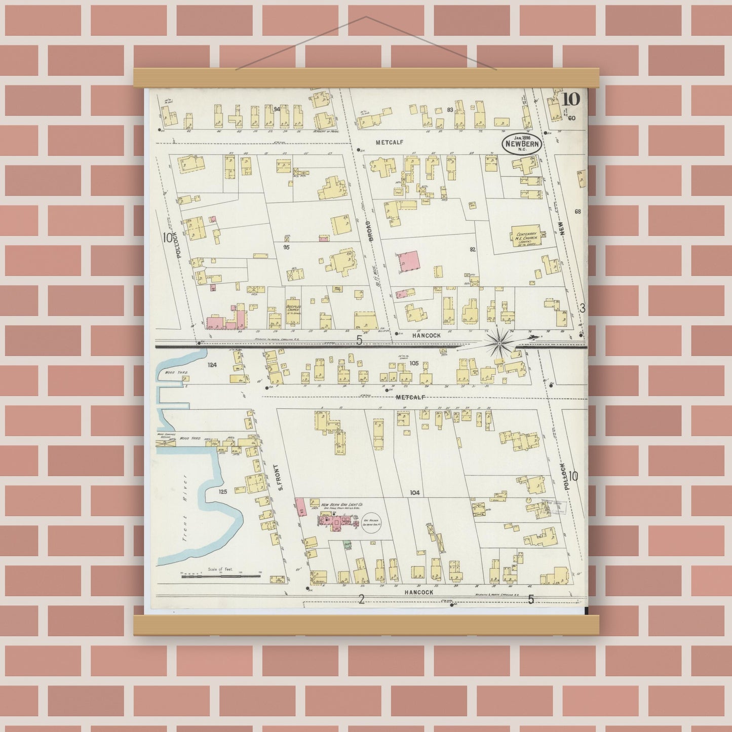 Old map wall art mockup — magnetic wood frame on brick wall — Sanborn Fire Insurance Map from New Bern, Craven County, North Carolina (1898), Sheet #0010
