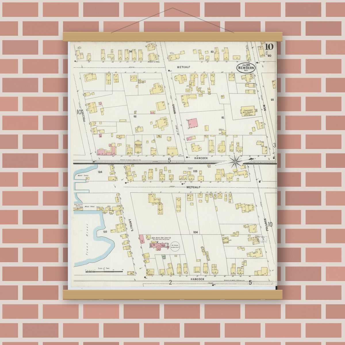 Old map wall art mockup — magnetic wood frame on brick wall — Sanborn Fire Insurance Map from New Bern, Craven County, North Carolina (1898), Sheet #0010