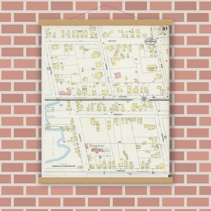 Old map wall art mockup — magnetic wood frame on brick wall — Sanborn Fire Insurance Map from New Bern, Craven County, North Carolina (1898), Sheet #0010