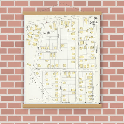 Old map wall art mockup — magnetic wood frame on brick wall — Sanborn Fire Insurance Map from Waltham, Middlesex County, Massachusetts (1911), Sheet #0036